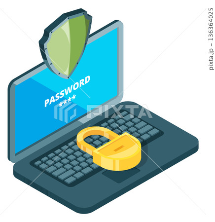 Cyber security icon. Isometric laptop with green shield 136364025