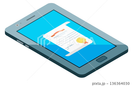 Diploma on tablet screen. Online education isometric icon Diploma on tablet screen. Online education isometric icon 136364030