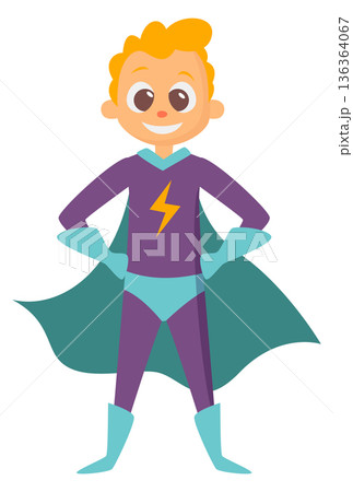 Young hero boy in cape. Superhero kid costume 136364067