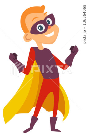 Superhero kid in yellow cape. Superpower cartoon character 136364068