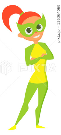 Superhero girl. Kid party costume cartoon character Superhero girl. Kid party costume cartoon character 136364069
