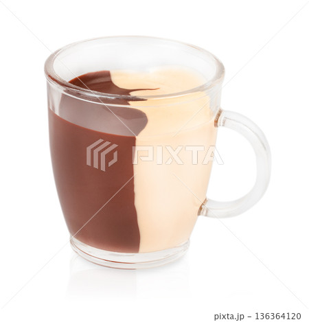 Two tone chocolate spread in glass cup isolated on white Two tone chocolate spread in glass cup isolated on white 136364120