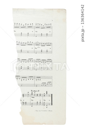Sheet of music paper torn vertically with visible staff lines and notes. Creative concept of separation, change, or unfinished melody. Isolated on transparent background Sheet of music paper torn vertically with visible staff lines and notes. Creative concept of separation, change, or unfinished melody. Isolated on transparent background 136364142