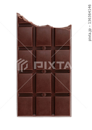 Bitten chocolate bar with visible bite mark and segmented pieces. Concept of temptation, taste, and sweet indulgence. Isolated on transparent background 136364146