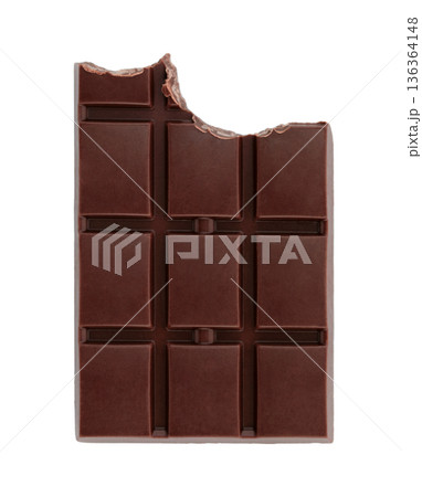 Bitten chocolate bar with visible bite mark and segmented pieces. Concept of temptation, taste, and sweet indulgence. Isolated on transparent background 136364148