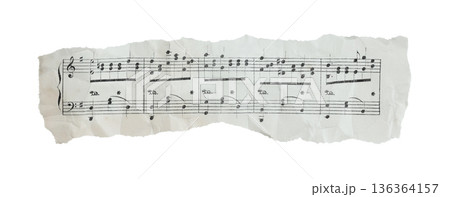 Torn and crumpled fragment of musical sheet with notes, wide horizontal composition isolated on transparent background. Vintage music paper banner with copy space for design 136364157