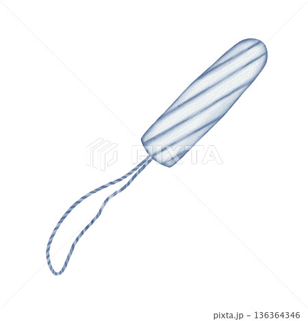 Watercolor illustration of a clean tampon. Feminine hygiene product used during menstruation. Concept of the menstrual cycle and discharge. Hand-drawn medical illustration. Watercolor illustration of a clean tampon. Feminine hygiene product used during menstruation. Concept of the menstrual cycle and discharge. Hand-drawn medical illustration. 136364346