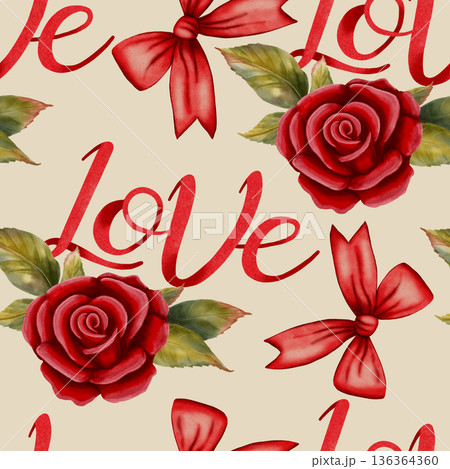 Charming watercolor seamless pattern with roses, silk bows, and Love lettering. Ideal for Valentine's Day, romantic cards, packaging, wrapping paper, party decor, cafes, shops and festive menus Charming watercolor seamless pattern with roses, silk bows, and Love lettering. Ideal for Valentine's Day, romantic cards, packaging, wrapping paper, party decor, cafes, shops and festive menus 136364360