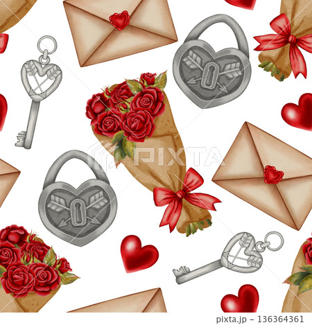 Watercolor seamless pattern with rose bouquets, love letters, and heart-shaped locks. Ideal for Valentine's Day, romantic cards, packaging, wrapping paper, party decor, cafes, shops and festive menu 136364361