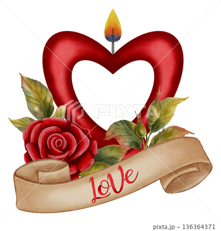 Romantic watercolor illustrations with hearts, candles, and roses, letter, parchment, scroll. Ideal for Valentine's Day cards, romantic stationery, and festive holiday branding, packaging, textiles. 136364371