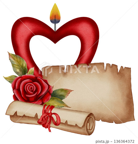 Romantic watercolor illustrations with hearts, candles, and roses, letter, parchment, scroll. Ideal for Valentine's Day cards, romantic stationery, and festive holiday branding, packaging, textiles. 136364372