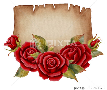 A watercolor illustration of a vintage parchment scroll with red roses. Perfect for Valentine's Day cards, romantic prints, holiday branding, packaging, and textiles. Space for text. 136364375