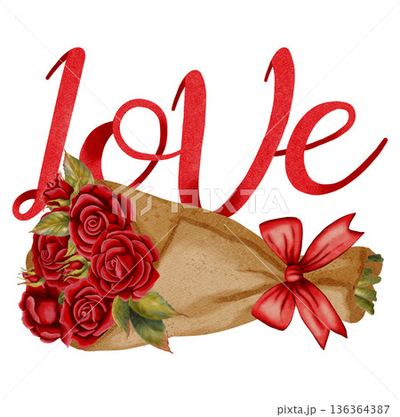 A hand-drawn watercolor illustration featuring a bouquet of roses, hearts, letters, and parchment. Perfect for romantic Valentine's Day designs, wedding invitations, packaging, and textiles. 136364387