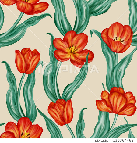 Seamless watercolor pattern with vibrant red tulips and green leaves. Elegant floral background for spring holidays, Easter designs, textile, and wrapping paper. Seamless watercolor pattern with vibrant red tulips and green leaves. Elegant floral background for spring holidays, Easter designs, textile, and wrapping paper. 136364468
