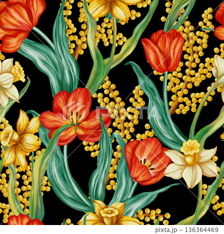 Watercolor seamless pattern featuring red tulips, yellow daffodils, and mimosa branches. Festive spring floral background for Easter greeting cards, home decor, textiles, packaging, cards, invitations 136364469