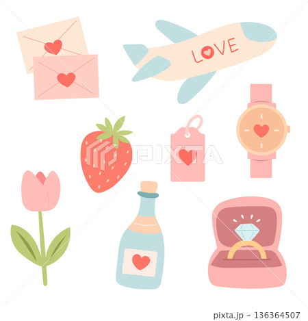 Cute Love Set with Valentine elements in Cartoon Flat Style Cute Love Set with Valentine elements in Cartoon Flat Style 136364507