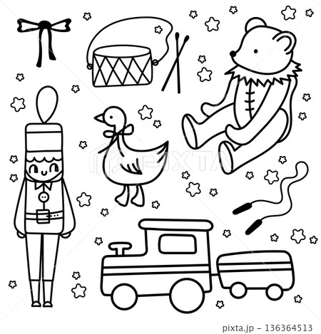 Cute Toy Doodle Illustration with Teddy Bear, Nutcracker, Duck and Train Cute Toy Doodle Illustration with Teddy Bear, Nutcracker, Duck and Train 136364513