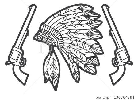 Old western emblem. Native american headdress with cowboy guns 136364591