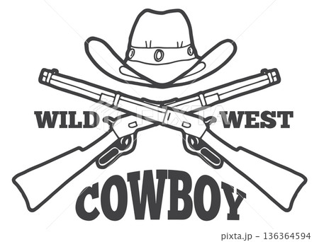 Wild west logo. Crossed guns and cowboy hat 136364594