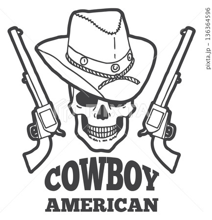 American cowboy tattoo with skull in hat and loaded revolvers American cowboy tattoo with skull in hat and loaded revolvers 136364596