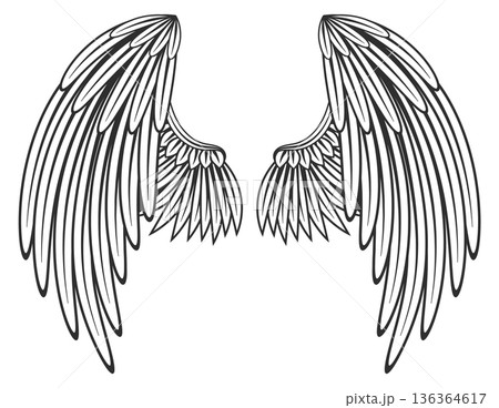 Angel wings tattoo. Elegant feather line drawing Angel wings tattoo. Elegant feather line drawing 136364617