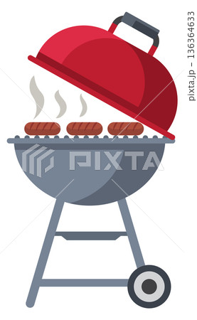 Roasting sausages barbecue. Outdoor grill cartoon icon Roasting sausages barbecue. Outdoor grill cartoon icon 136364633