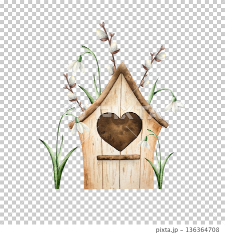Wood cute birdhouse with willow branches. Watercolor spring, easter hand drawn illustration isolated on background, transparent png. Botanical and wedding clip art. For greeting card, wallpaper 136364708