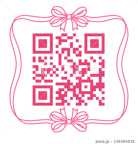 QR code in vintage pink ribbons frame with double bows knot, scan me square coquette style vector sticker mobile scanner QR code in vintage pink ribbons frame with double bows knot, scan me square coquette style vector sticker mobile scanner 136364838