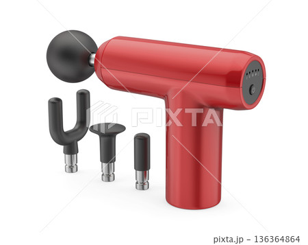 Red massage gun with various massage heads Red massage gun with various massage heads 136364864