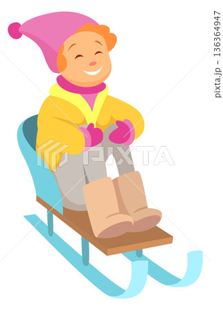 Sledding girl cartoon character. Smiling kid outdoor Sledding girl cartoon character. Smiling kid outdoor 136364947
