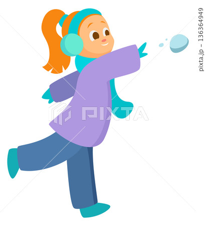Girl throw snowball. Winter kid game playing 136364949