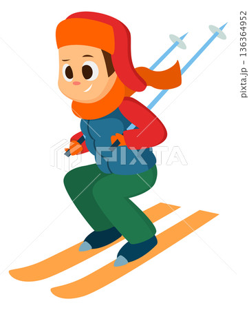 Boy skiing. Cartoon kid winter sport outdoor 136364952