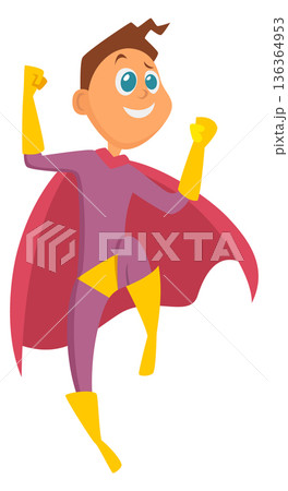 Joyful kid in red cape. Happy superhero boy Joyful kid in red cape. Happy superhero boy 136364953