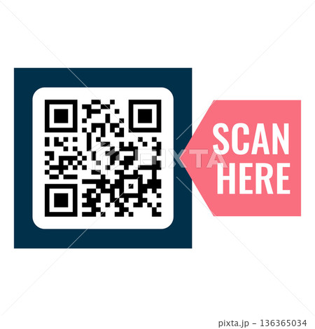 Scan here placeholder square frame with pink arrow and QR code, vector app sticker template for mobile scanner, payment 136365034