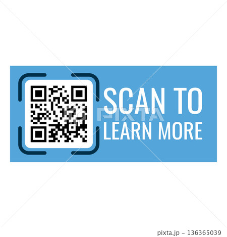 QR code blue frame, scan viewfinder frame with QR code and inscription Scan to learn more, vector sticker mobile scanner 136365039