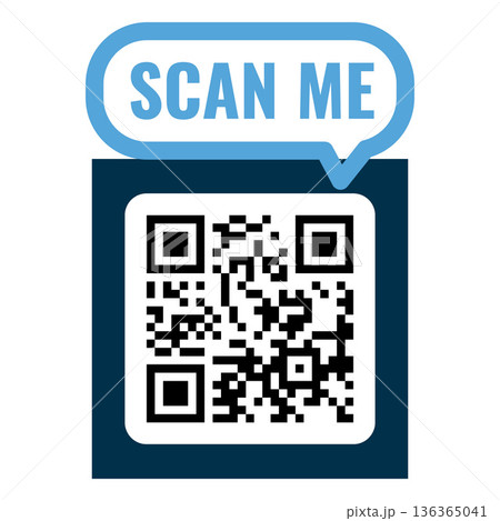 QR code blue frame with Scan me speech bubble, scan viewfinder frame with QR code vector sticker template mobile scanner 136365041