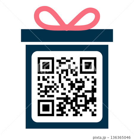 QR code frame gift box shape with pink bow, scan viewfinder with QR code, vector sticker template for mobile scanner 136365046