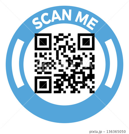 Scan Me QR code placeholder blue round frame, vector app sticker template for mobile scanner and contactless payment 136365050