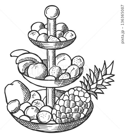 Fruit plate drawing. Serving party dinner engraving Fruit plate drawing. Serving party dinner engraving 136365087