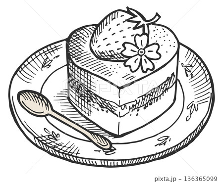 Dessert on plate sketch. Sweet fruit cake drawing 136365099
