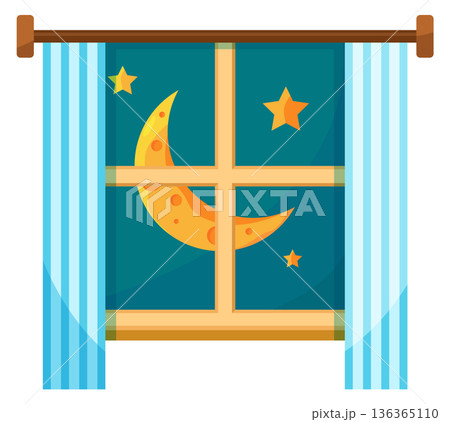 Night time cartoon icon. Star sky in window frame. 136365110