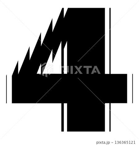 Black number four with ribbed glass effect, vector fluted even numeric symbol 4 with striped reflections ripple blur 136365121