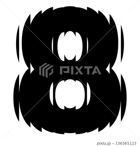 Black number eight with ribbed glass effect, vector fluted even numeric symbol 8 with striped reflections ripple blur 136365123