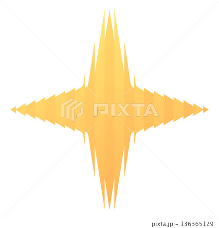 Yellow star shape with ribbed glass effect, fluted sparkle four-pointed star, vector ripple blur festive design element 136365129