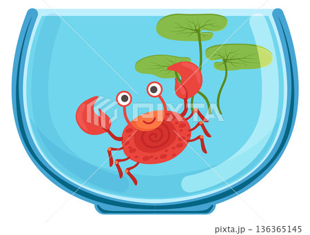 Funny crab in fish tank. Cartoon marine pet 136365145