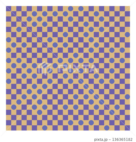 Checkered seamless pattern, blue squares and circles on brown background, abstract grid vector design, color mosaic Checkered seamless pattern, blue squares and circles on brown background, abstract grid vector design, color mosaic 136365182