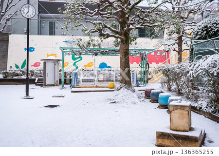 【大田区】雪が積もった早朝の公園 136365255