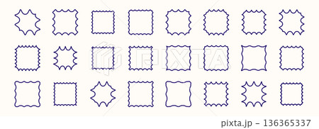 Wavy organic rectangle set with fluid curves, zigzag borders, and uneven blob shapes. Ideal for speech bubbles, banners, and child-friendly design elements. 136365337