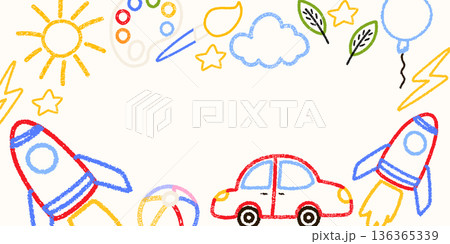 Cute crayon square frame of kindergarten drawing, frog, car, rocket, cloud, sun illustration. Designed for kindergarten templates, kids birthday banners, cheerful preschool graphics. 136365339