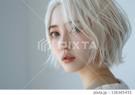 ハイトーンヘアの日本人女性 ポートレート 美容 ヘアスタイル 透明感 136365435